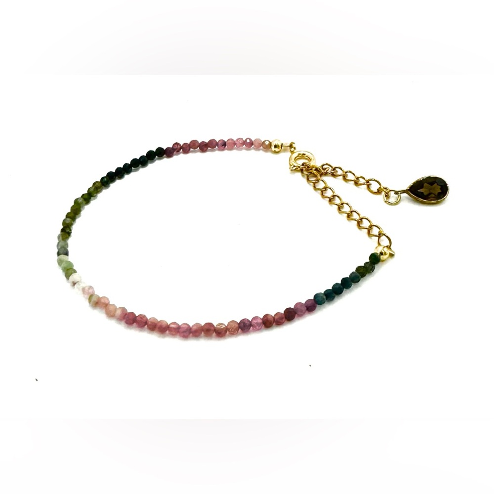 Handmade Micro-faceted Watermelon Tourmaline Bead Bracelet Gold Tone Components